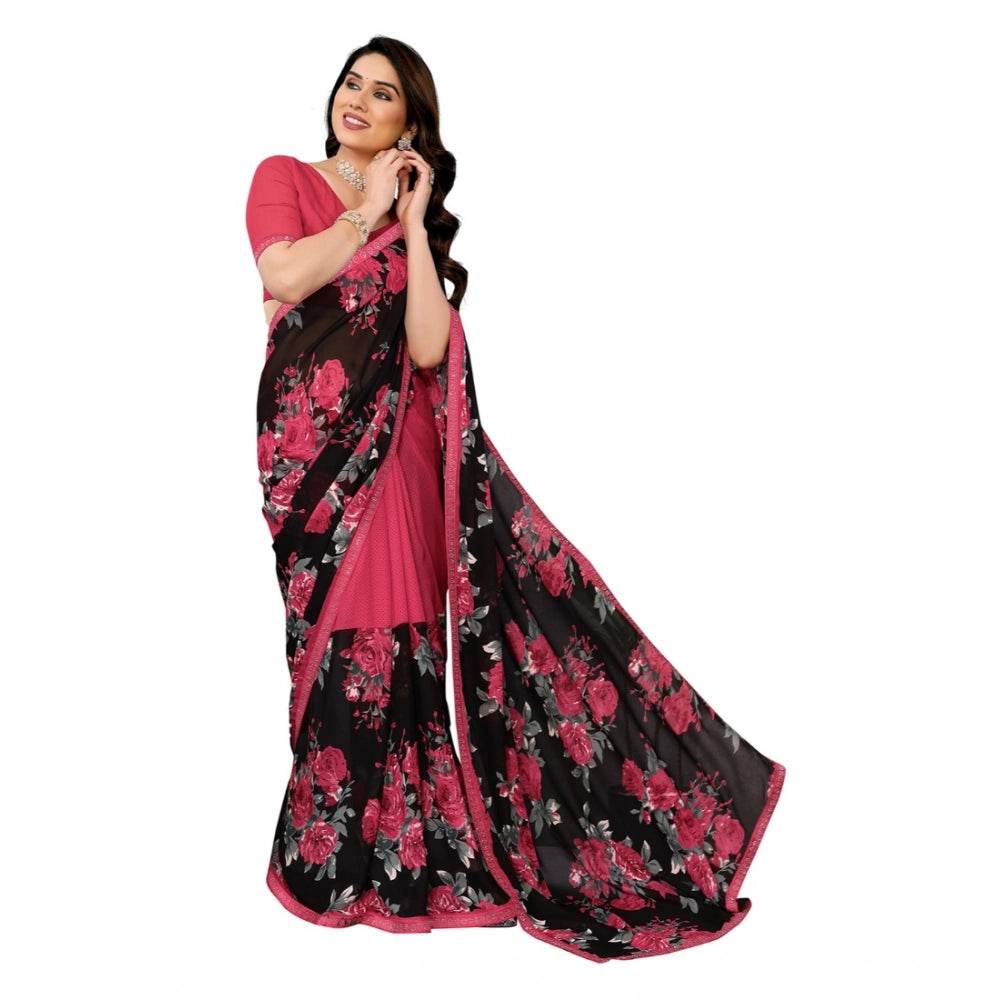 Generic Women's Georgette Printed Saree With Unstitched Blouse 5.5Mtr (Pink) - MYLUXURY LANE ENTERPRISE