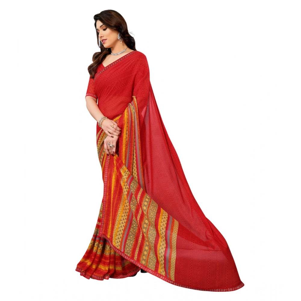 Generic Women's Georgette Printed Saree With Unstitched Blouse 5.5Mtr (Red) - MYLUXURY LANE ENTERPRISE