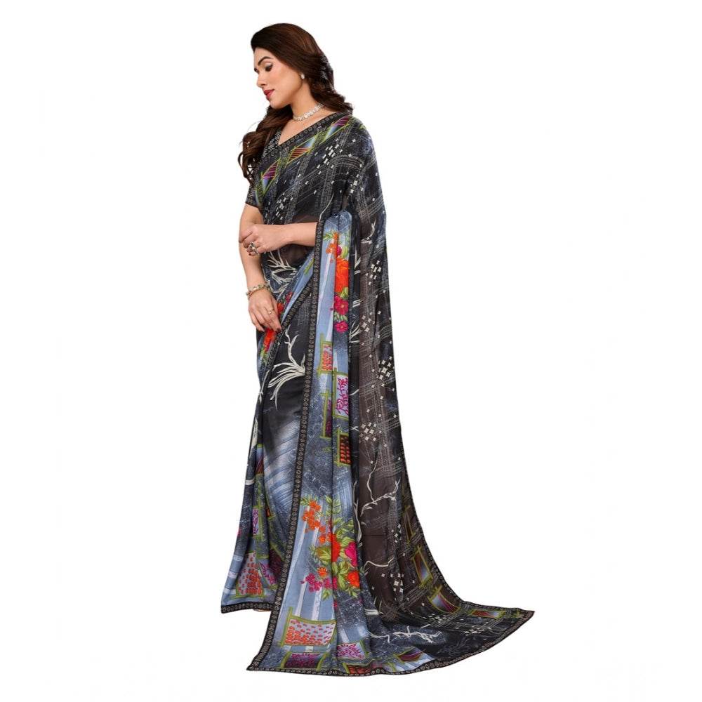 Generic Women's Georgette Printed Saree With Unstitched Blouse 5.5Mtr (Black) - MYLUXURY LANE ENTERPRISE