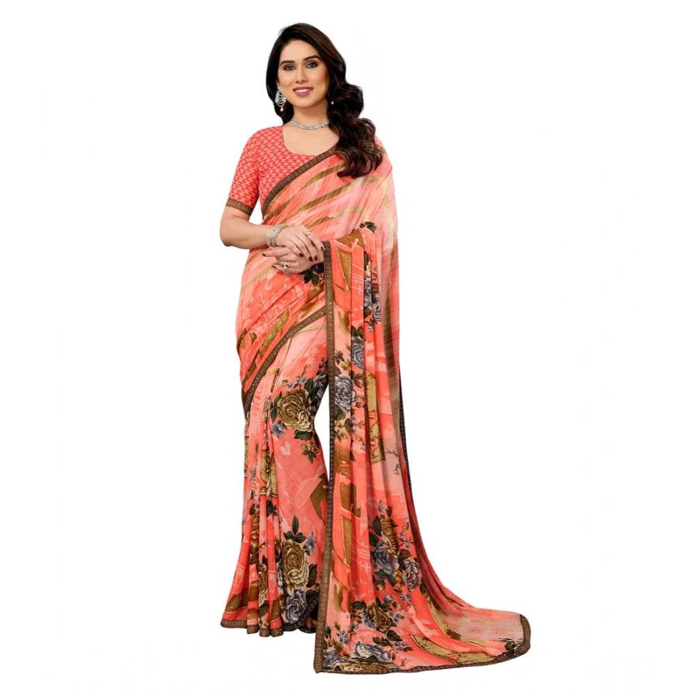 Generic Women's Georgette Printed Saree With Unstitched Blouse 5.5Mtr (Orange) - MYLUXURY LANE ENTERPRISE