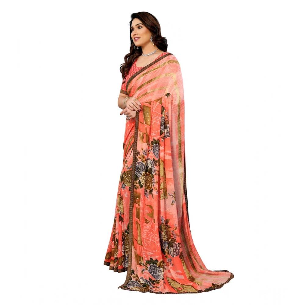 Generic Women's Georgette Printed Saree With Unstitched Blouse 5.5Mtr (Orange) - MYLUXURY LANE ENTERPRISE