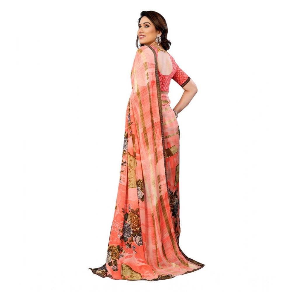 Generic Women's Georgette Printed Saree With Unstitched Blouse 5.5Mtr (Orange) - MYLUXURY LANE ENTERPRISE
