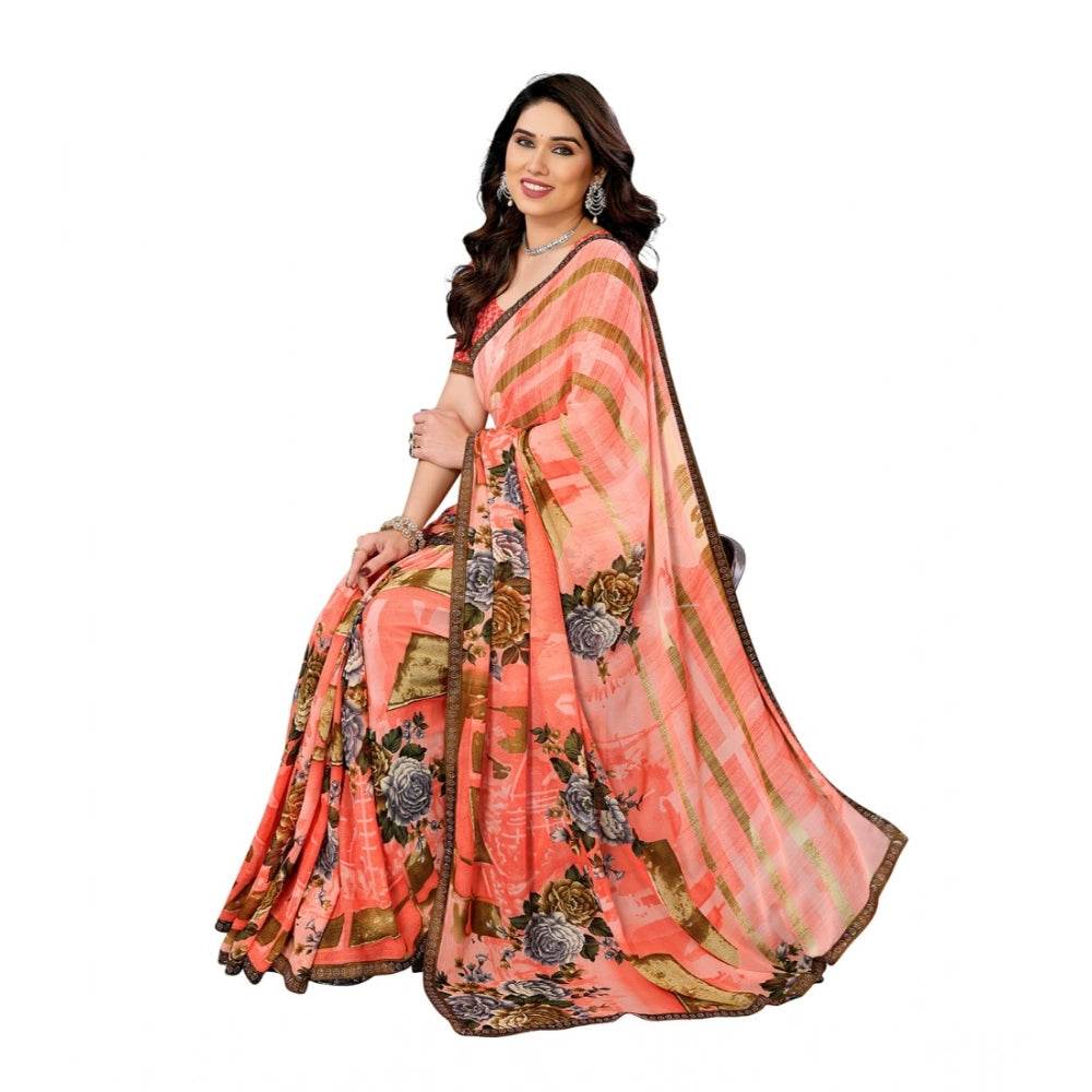 Generic Women's Georgette Printed Saree With Unstitched Blouse 5.5Mtr (Orange) - MYLUXURY LANE ENTERPRISE
