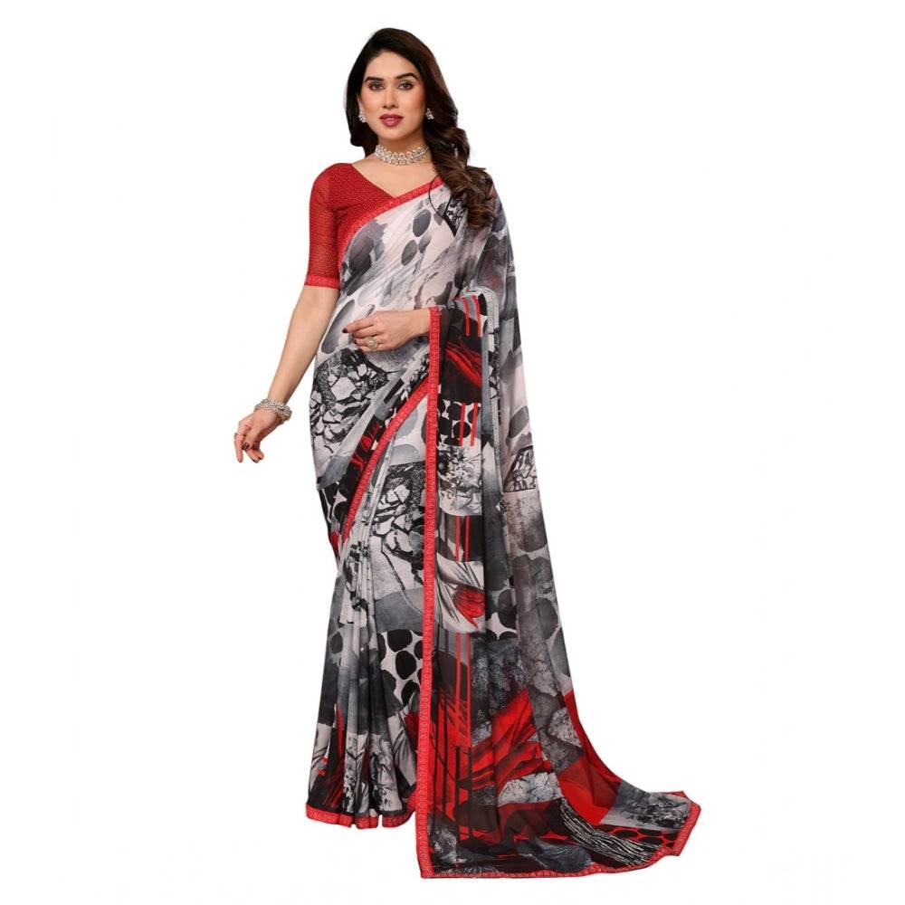 Generic Women's Georgette Printed Saree With Unstitched Blouse 5.5Mtr (Red) - MYLUXURY LANE ENTERPRISE