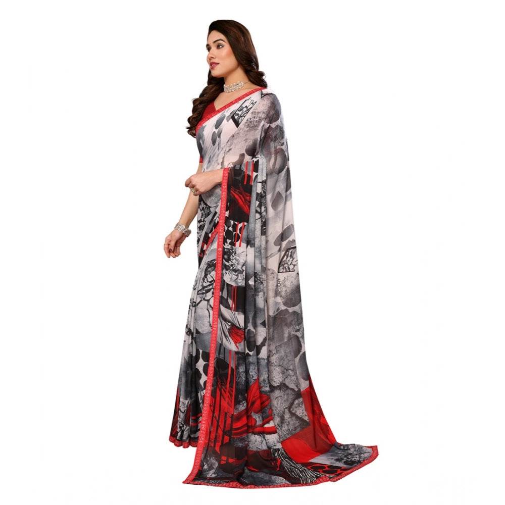 Generic Women's Georgette Printed Saree With Unstitched Blouse 5.5Mtr (Red) - MYLUXURY LANE ENTERPRISE