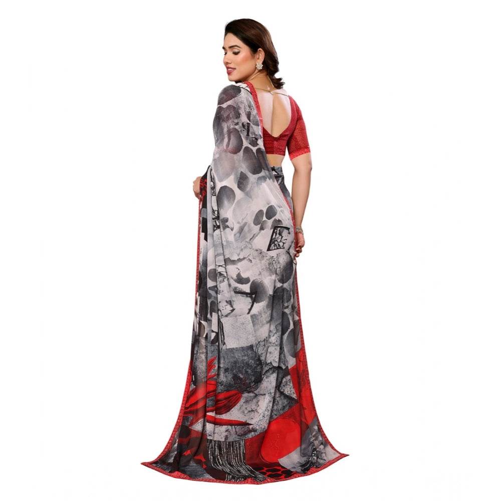 Generic Women's Georgette Printed Saree With Unstitched Blouse 5.5Mtr (Red) - MYLUXURY LANE ENTERPRISE