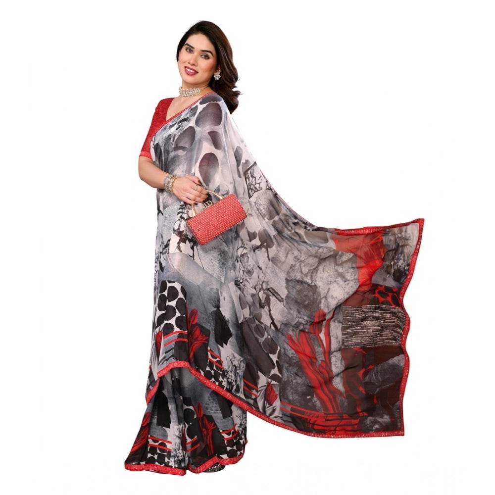 Generic Women's Georgette Printed Saree With Unstitched Blouse 5.5Mtr (Red) - MYLUXURY LANE ENTERPRISE