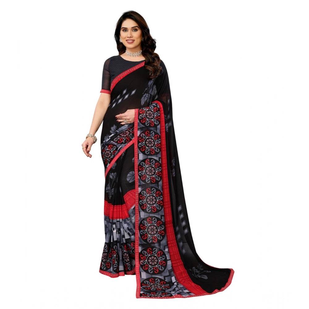 Generic Women's Georgette Printed Saree With Unstitched Blouse 5.5Mtr (Black) - MYLUXURY LANE ENTERPRISE