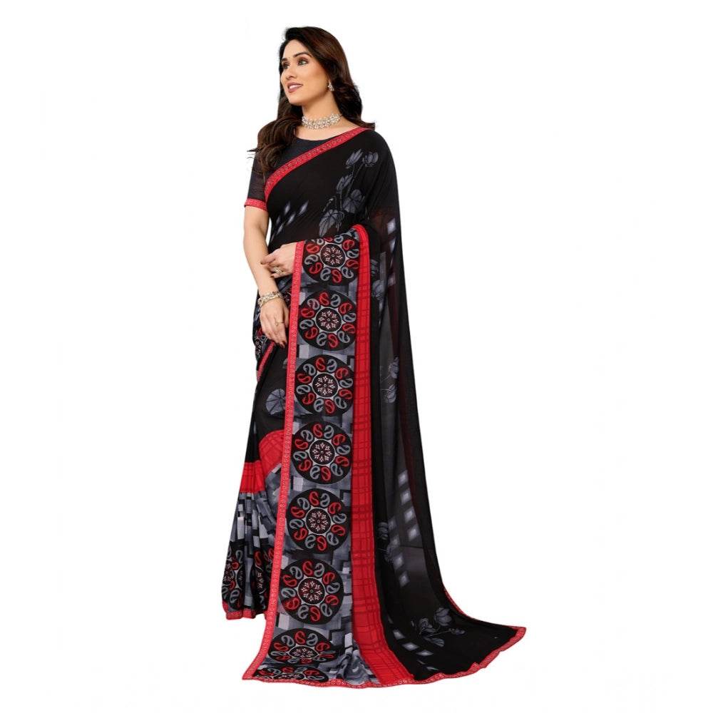 Generic Women's Georgette Printed Saree With Unstitched Blouse 5.5Mtr (Black) - MYLUXURY LANE ENTERPRISE