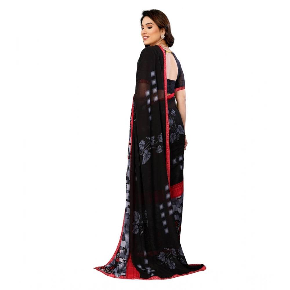 Generic Women's Georgette Printed Saree With Unstitched Blouse 5.5Mtr (Black) - MYLUXURY LANE ENTERPRISE