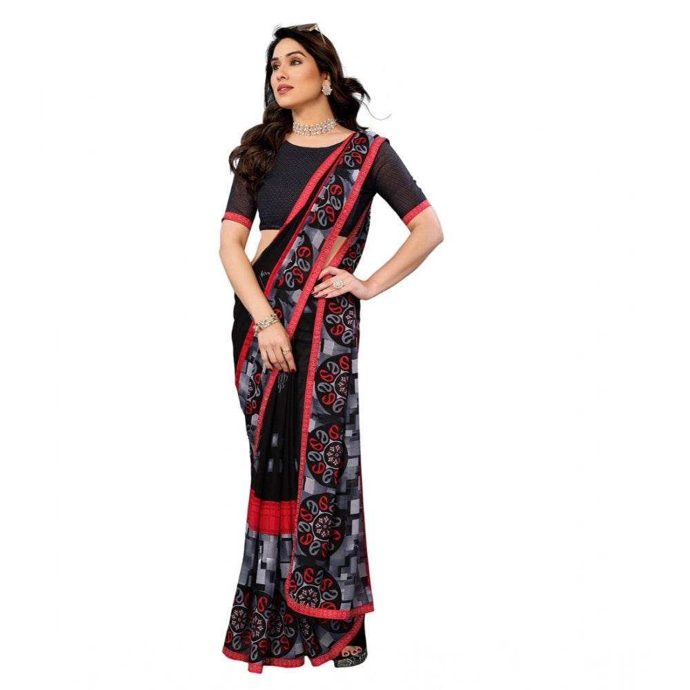 Generic Women's Georgette Printed Saree With Unstitched Blouse 5.5Mtr (Black) - MYLUXURY LANE ENTERPRISE