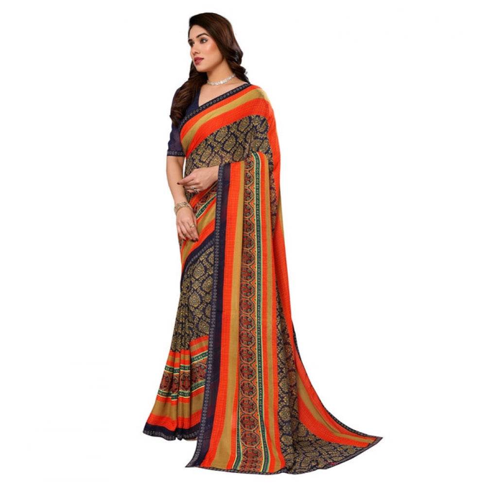 Generic Women's Georgette Printed Saree With Unstitched Blouse 5.5Mtr (Orange) - MYLUXURY LANE ENTERPRISE