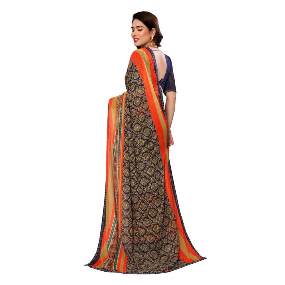 Generic Women's Georgette Printed Saree With Unstitched Blouse 5.5Mtr (Orange) - MYLUXURY LANE ENTERPRISE