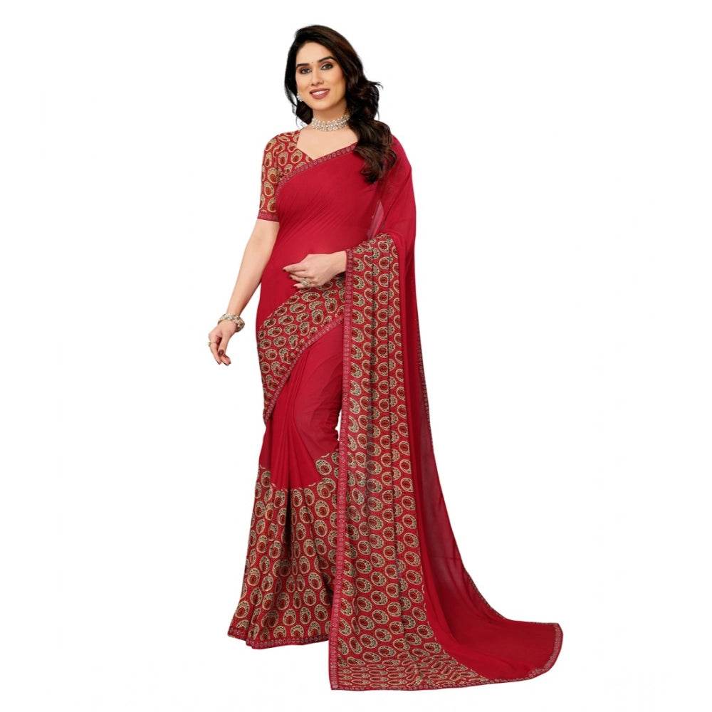 Generic Women's Georgette Printed Saree With Unstitched Blouse 5.5Mtr (Red) - MYLUXURY LANE ENTERPRISE