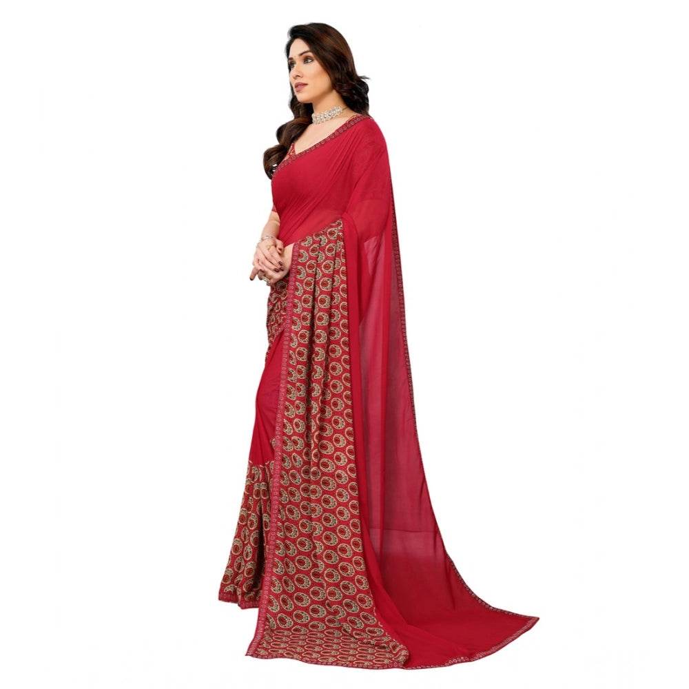 Generic Women's Georgette Printed Saree With Unstitched Blouse 5.5Mtr (Red) - MYLUXURY LANE ENTERPRISE