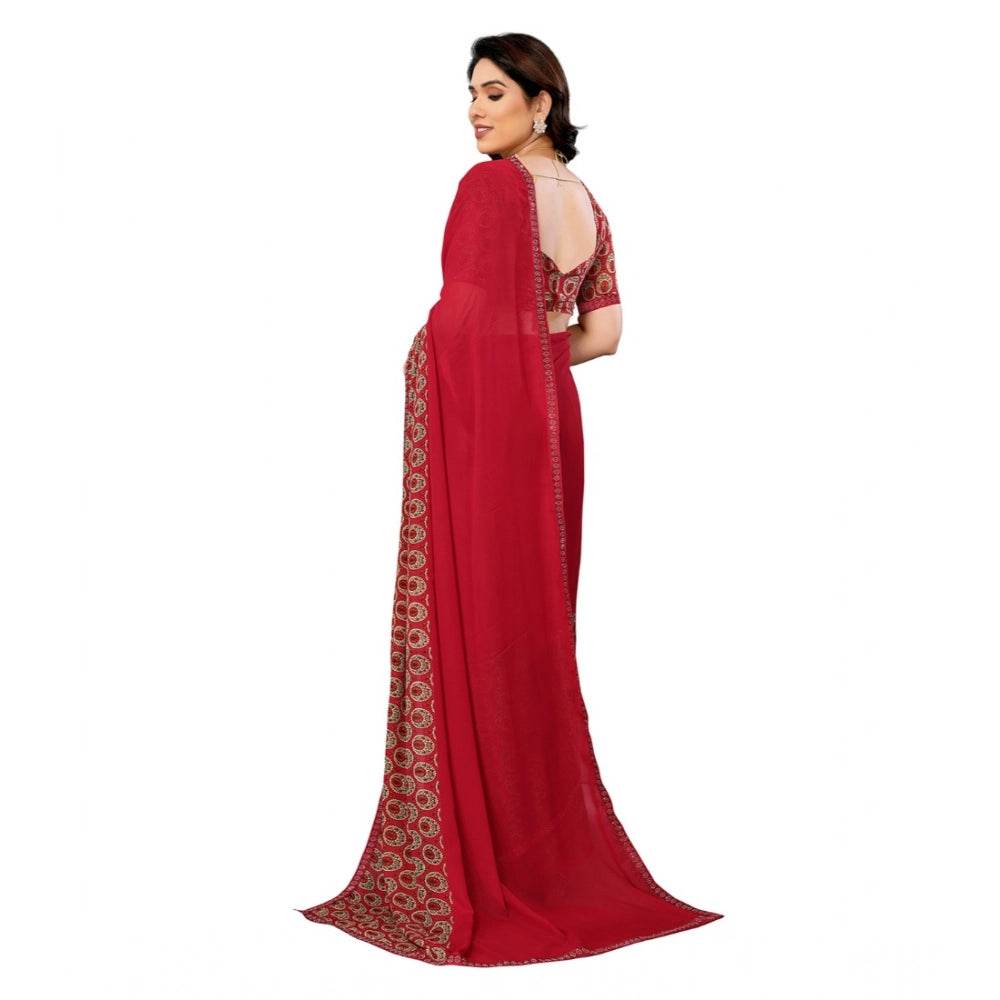Generic Women's Georgette Printed Saree With Unstitched Blouse 5.5Mtr (Red) - MYLUXURY LANE ENTERPRISE
