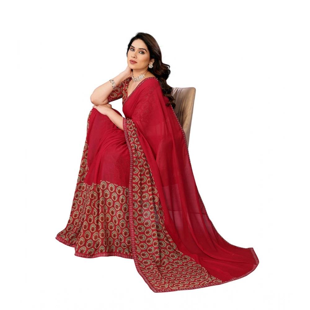 Generic Women's Georgette Printed Saree With Unstitched Blouse 5.5Mtr (Red) - MYLUXURY LANE ENTERPRISE