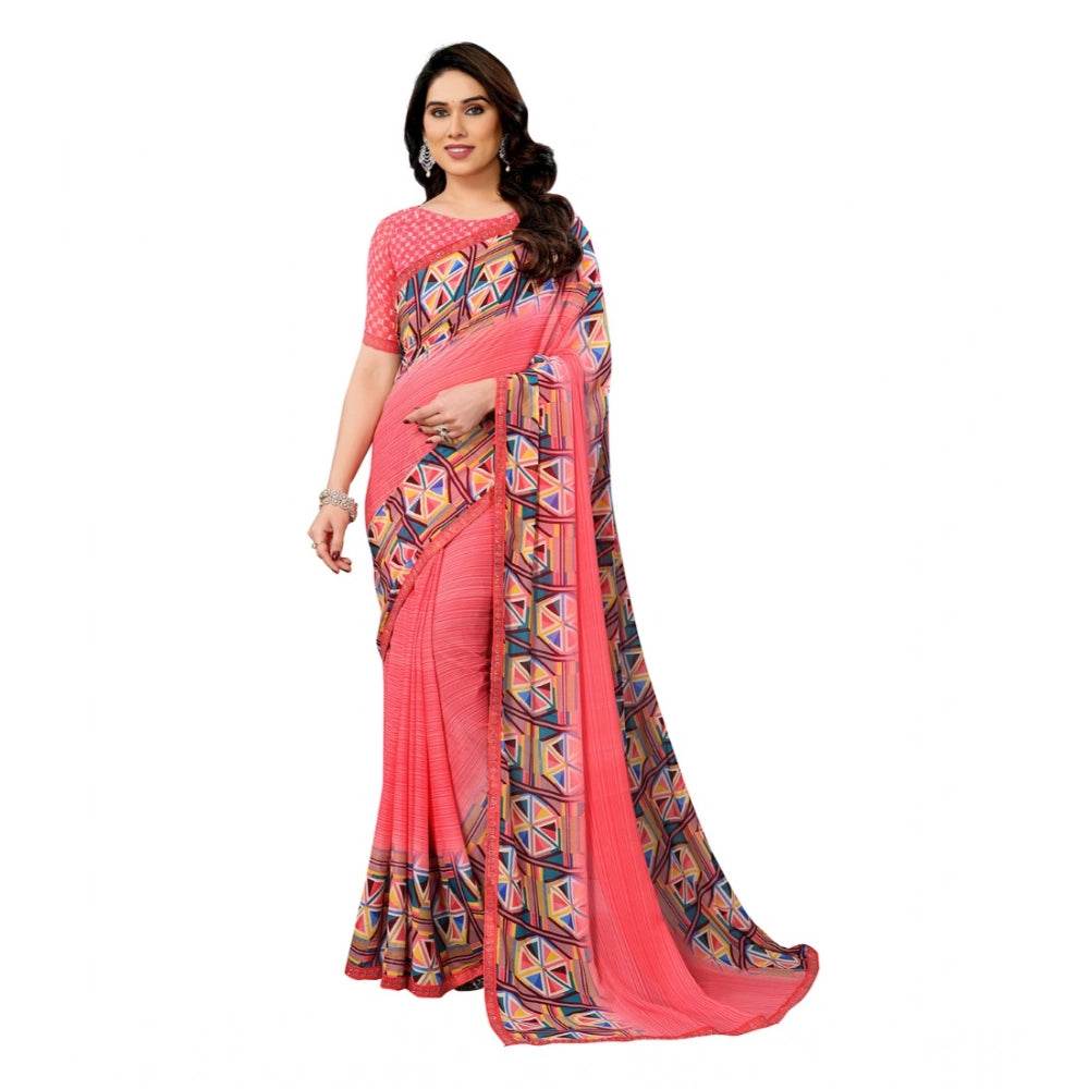 Generic Women's Georgette Printed Saree With Unstitched Blouse 5.5Mtr (Pink) - MYLUXURY LANE ENTERPRISE