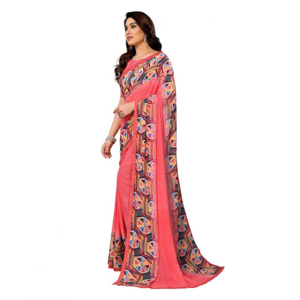 Generic Women's Georgette Printed Saree With Unstitched Blouse 5.5Mtr (Pink) - MYLUXURY LANE ENTERPRISE