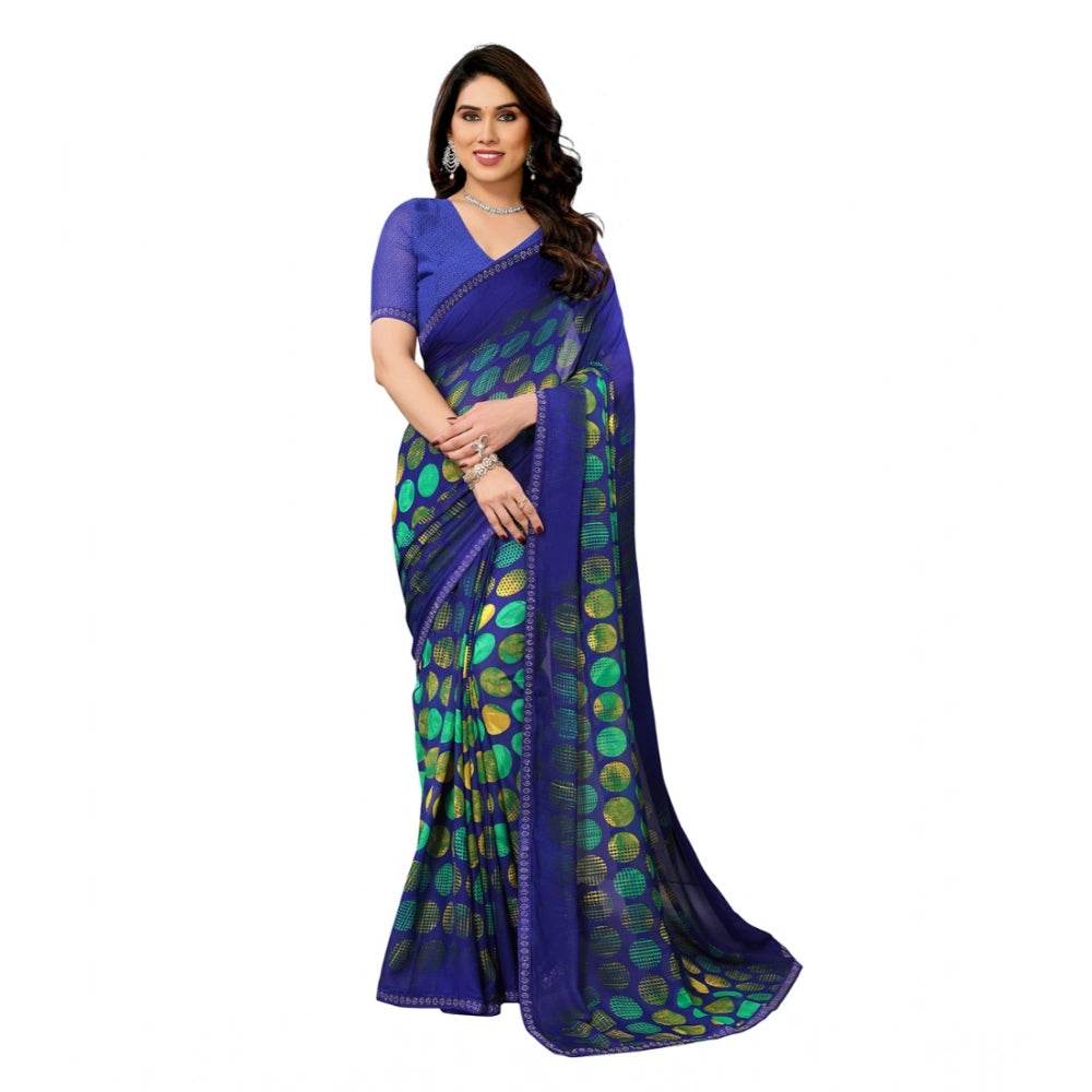 Generic Women's Georgette Printed Saree With Unstitched Blouse 5.5Mtr (Blue) - MYLUXURY LANE ENTERPRISE