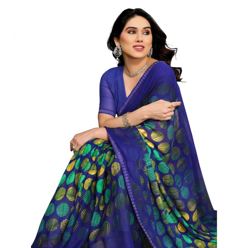 Generic Women's Georgette Printed Saree With Unstitched Blouse 5.5Mtr (Blue) - MYLUXURY LANE ENTERPRISE