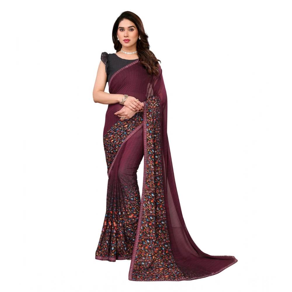 Generic Women's Georgette Printed Saree With Unstitched Blouse 5.5Mtr (Maroon) - MYLUXURY LANE ENTERPRISE
