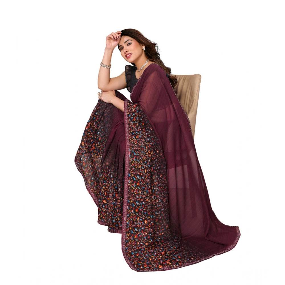 Generic Women's Georgette Printed Saree With Unstitched Blouse 5.5Mtr (Maroon) - MYLUXURY LANE ENTERPRISE