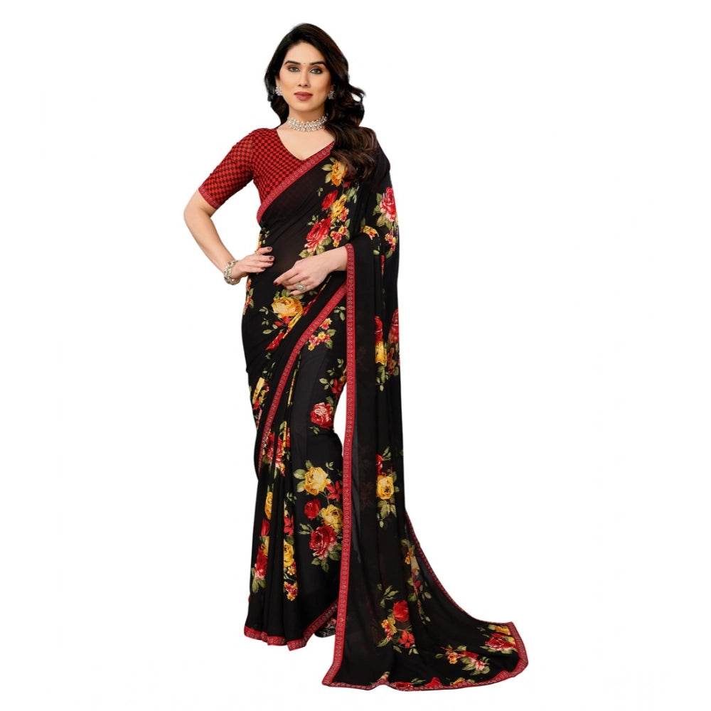 Generic Women's Georgette Printed Saree With Unstitched Blouse 5.5Mtr (Black) - MYLUXURY LANE ENTERPRISE