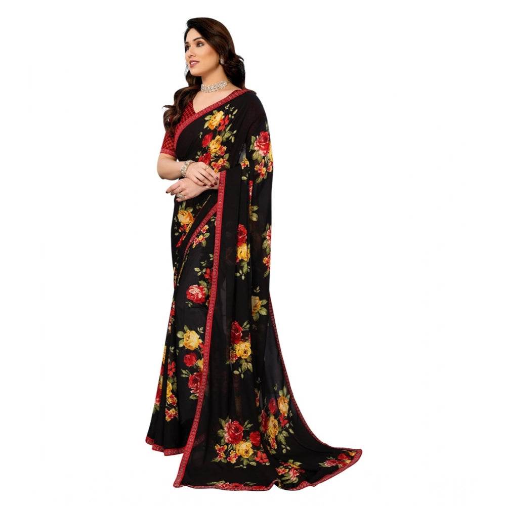 Generic Women's Georgette Printed Saree With Unstitched Blouse 5.5Mtr (Black) - MYLUXURY LANE ENTERPRISE
