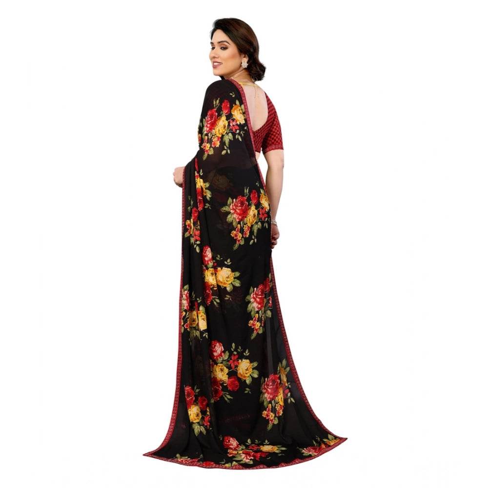 Generic Women's Georgette Printed Saree With Unstitched Blouse 5.5Mtr (Black) - MYLUXURY LANE ENTERPRISE