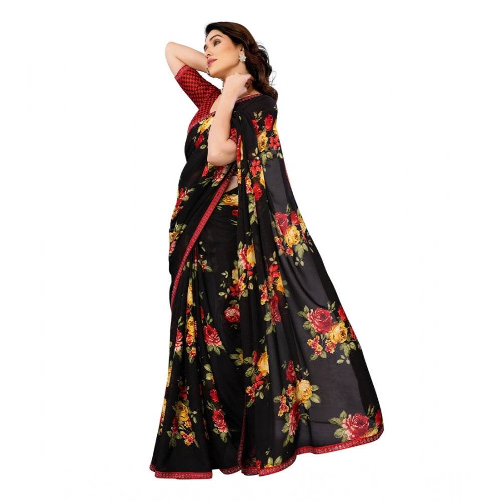 Generic Women's Georgette Printed Saree With Unstitched Blouse 5.5Mtr (Black) - MYLUXURY LANE ENTERPRISE