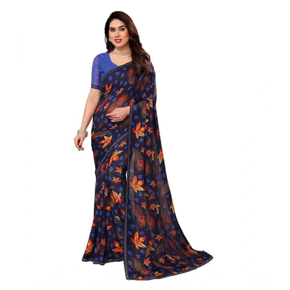 Generic Women's Georgette Printed Saree With Unstitched Blouse 5.5Mtr (Blue) - MYLUXURY LANE ENTERPRISE