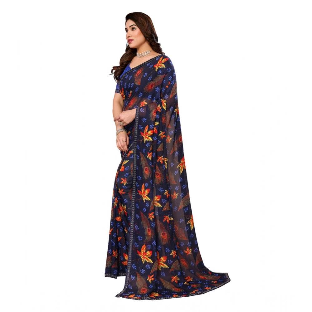 Generic Women's Georgette Printed Saree With Unstitched Blouse 5.5Mtr (Blue) - MYLUXURY LANE ENTERPRISE