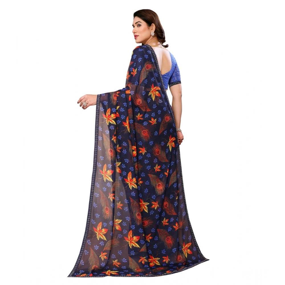 Generic Women's Georgette Printed Saree With Unstitched Blouse 5.5Mtr (Blue) - MYLUXURY LANE ENTERPRISE