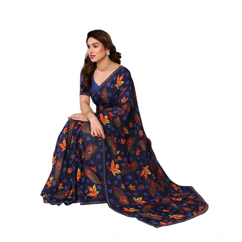 Generic Women's Georgette Printed Saree With Unstitched Blouse 5.5Mtr (Blue) - MYLUXURY LANE ENTERPRISE