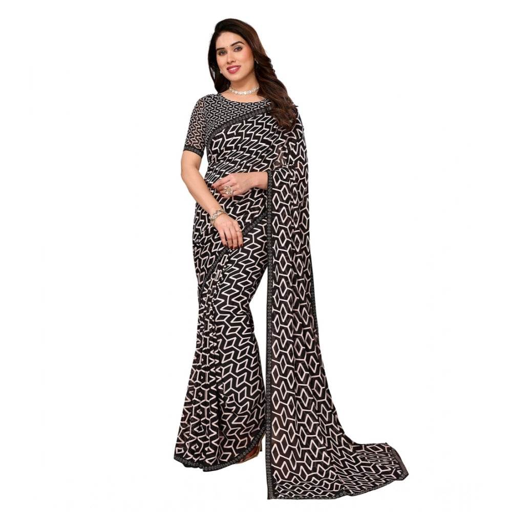 Generic Women's Georgette Printed Saree With Unstitched Blouse 5.5Mtr (Black) - MYLUXURY LANE ENTERPRISE