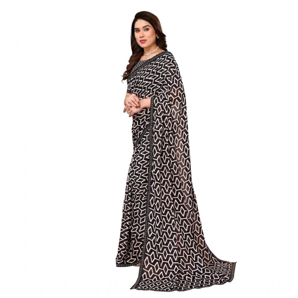 Generic Women's Georgette Printed Saree With Unstitched Blouse 5.5Mtr (Black) - MYLUXURY LANE ENTERPRISE