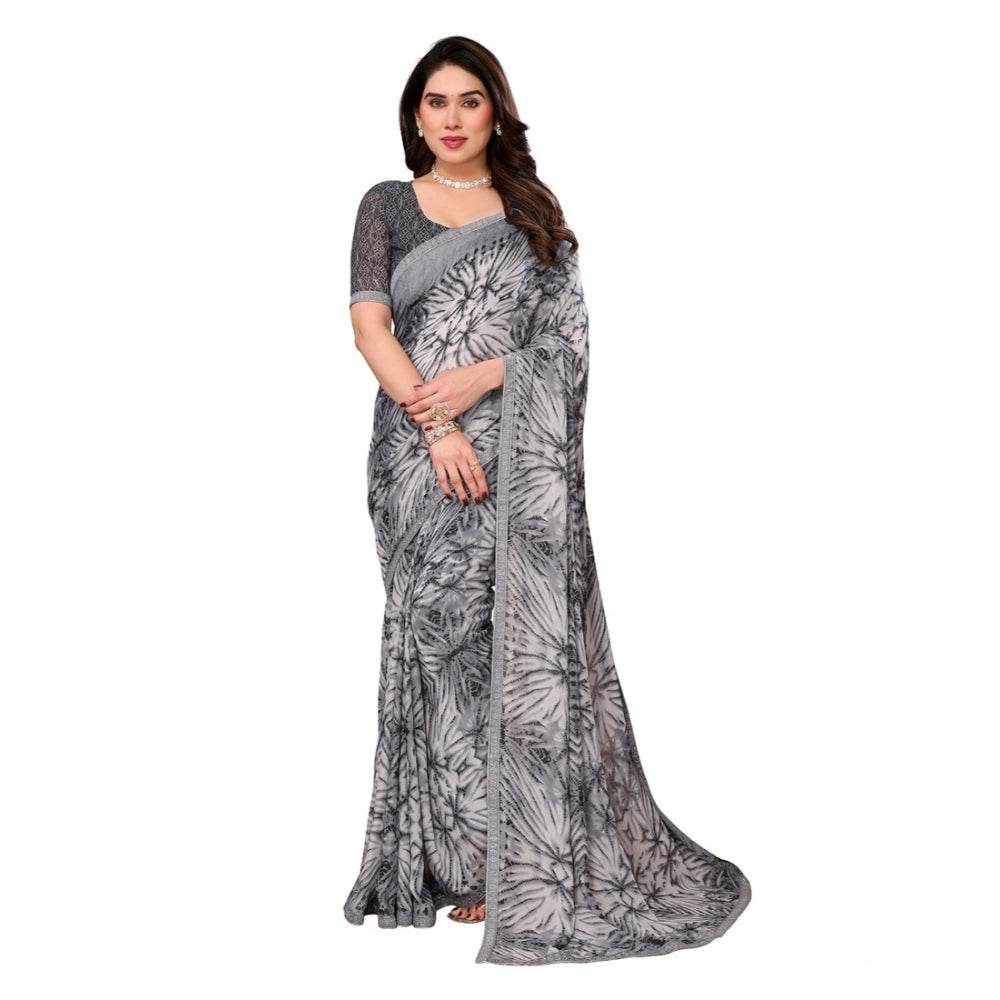 Generic Women's Georgette Printed Saree With Unstitched Blouse 5.5Mtr (Grey) - MYLUXURY LANE ENTERPRISE
