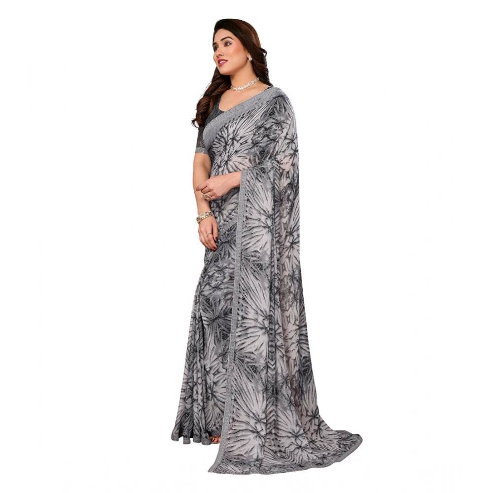 Generic Women's Georgette Printed Saree With Unstitched Blouse 5.5Mtr (Grey) - MYLUXURY LANE ENTERPRISE