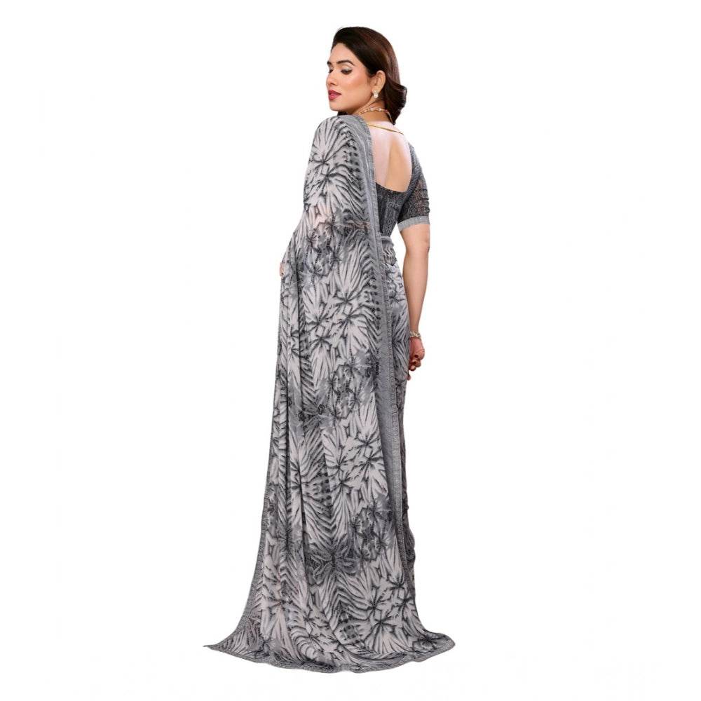 Generic Women's Georgette Printed Saree With Unstitched Blouse 5.5Mtr (Grey) - MYLUXURY LANE ENTERPRISE
