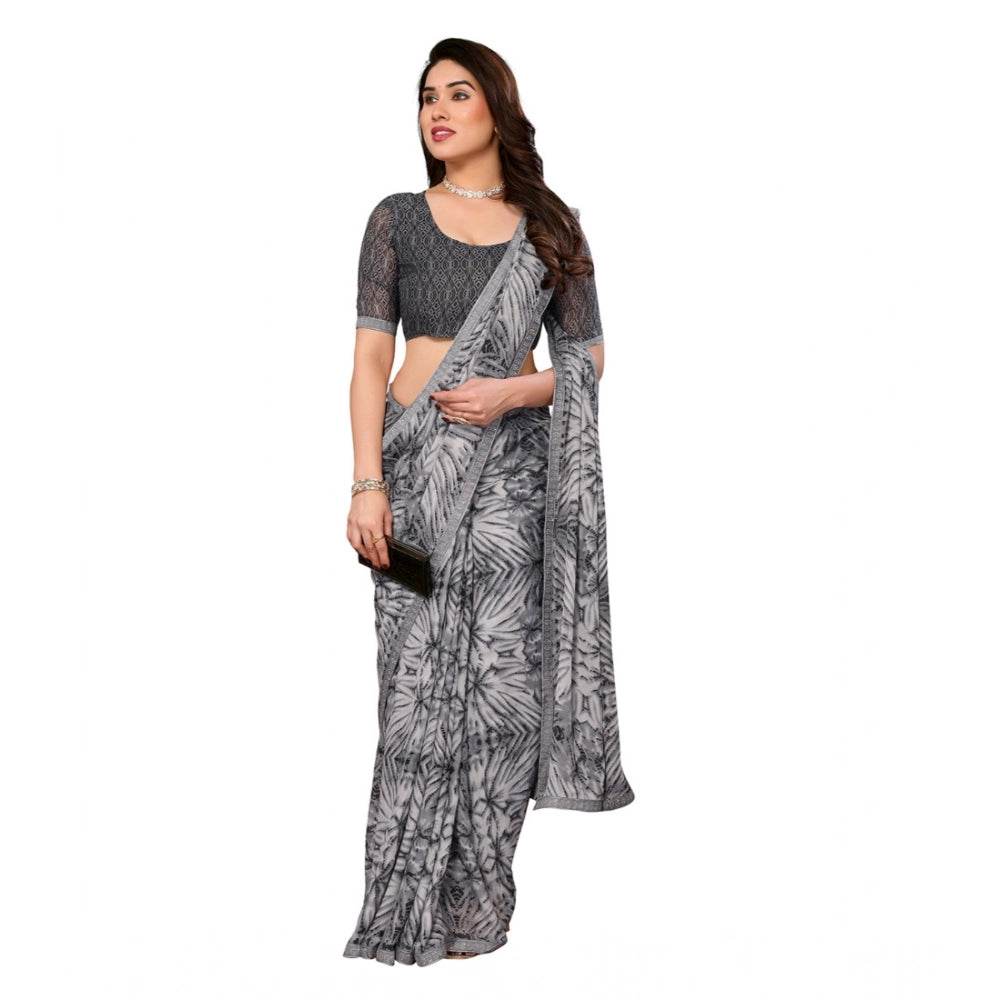 Generic Women's Georgette Printed Saree With Unstitched Blouse 5.5Mtr (Grey) - MYLUXURY LANE ENTERPRISE