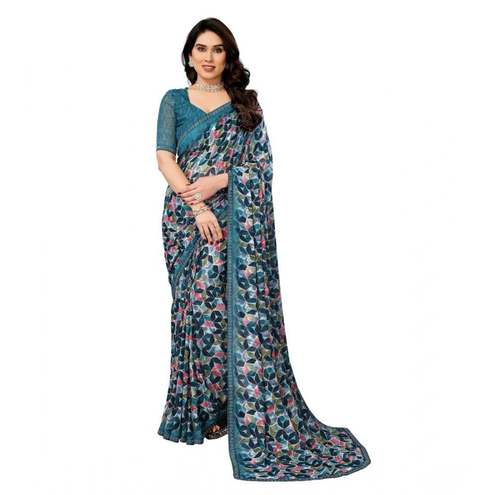 Generic Women's Georgette Printed Saree With Unstitched Blouse 5.5Mtr (Sky Blue) - MYLUXURY LANE ENTERPRISE