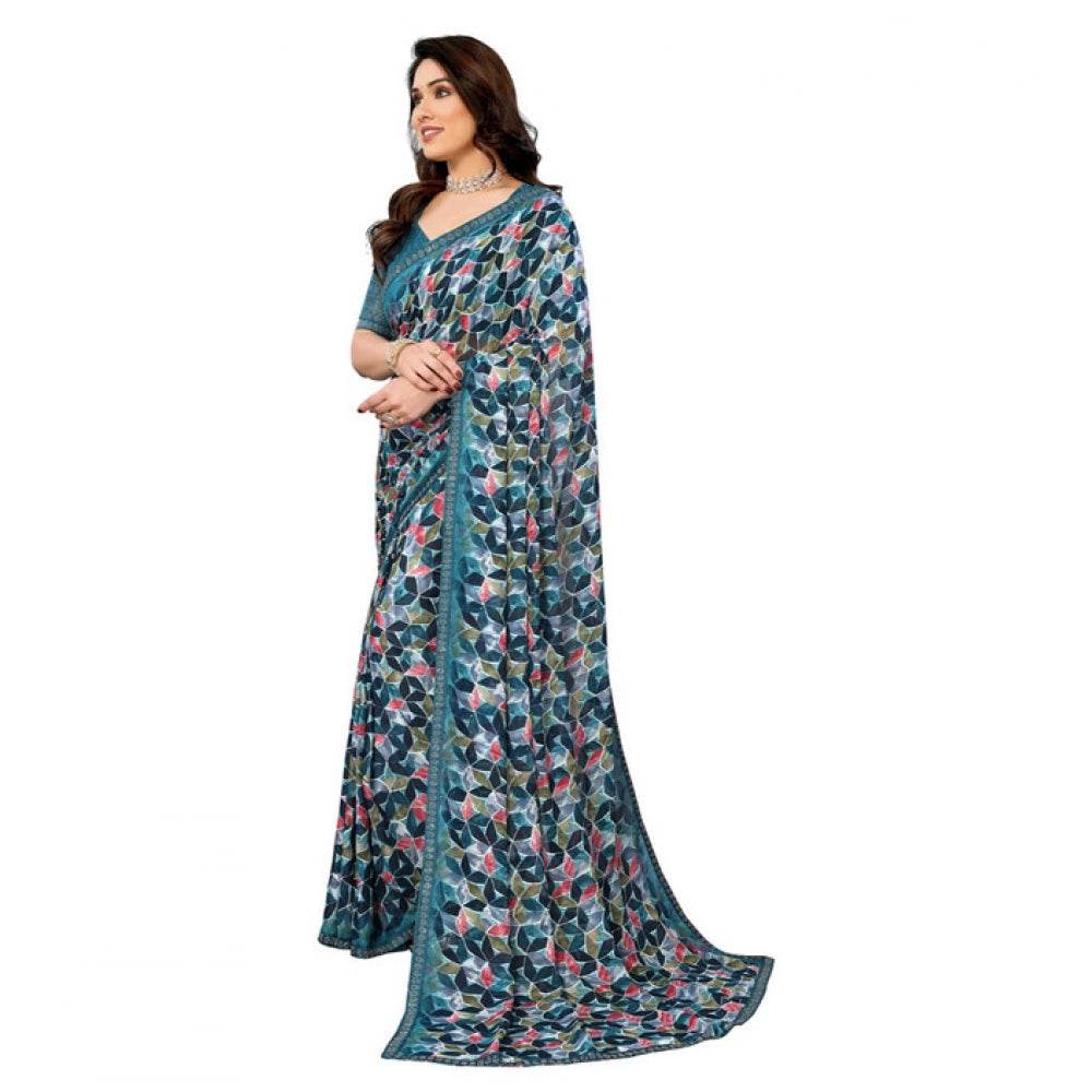 Generic Women's Georgette Printed Saree With Unstitched Blouse 5.5Mtr (Sky Blue) - MYLUXURY LANE ENTERPRISE