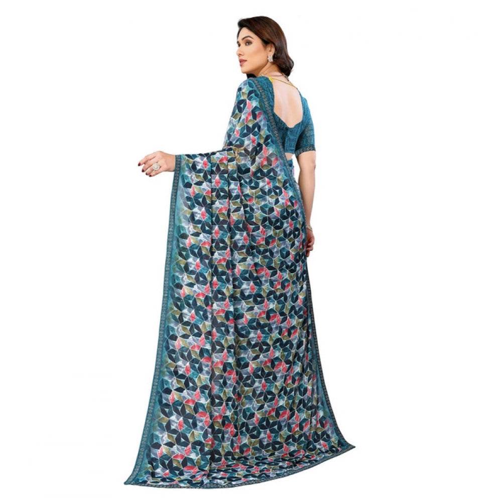 Generic Women's Georgette Printed Saree With Unstitched Blouse 5.5Mtr (Sky Blue) - MYLUXURY LANE ENTERPRISE