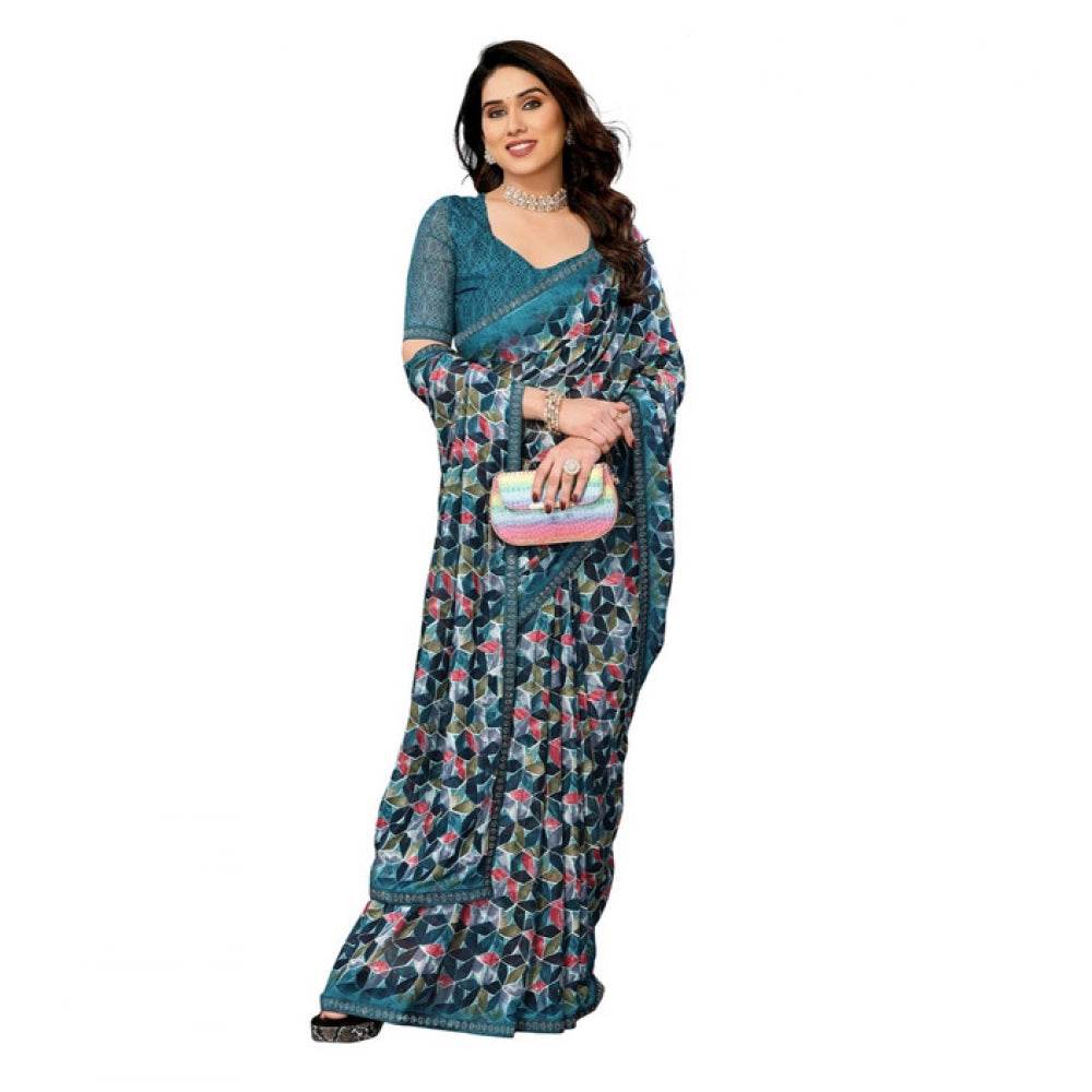 Generic Women's Georgette Printed Saree With Unstitched Blouse 5.5Mtr (Sky Blue) - MYLUXURY LANE ENTERPRISE