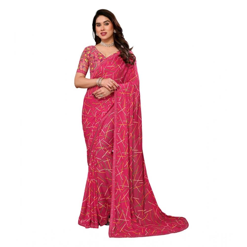 Generic Women's Georgette Printed Saree With Unstitched Blouse 5.5Mtr (Red) - MYLUXURY LANE ENTERPRISE