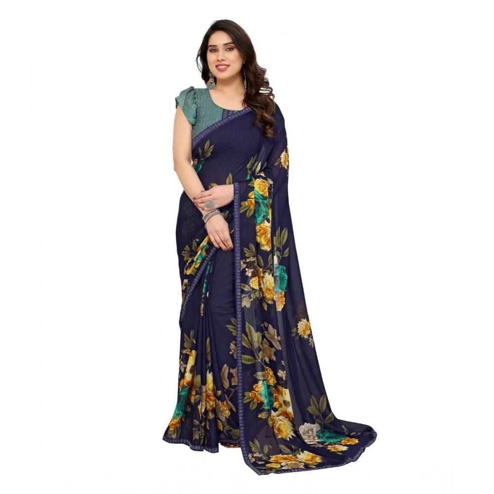 Generic Women's Georgette Printed Saree With Unstitched Blouse 5.5Mtr (Navy Blue) - MYLUXURY LANE ENTERPRISE