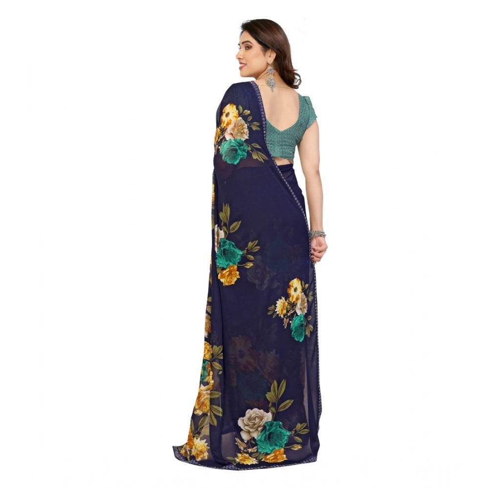 Generic Women's Georgette Printed Saree With Unstitched Blouse 5.5Mtr (Navy Blue) - MYLUXURY LANE ENTERPRISE