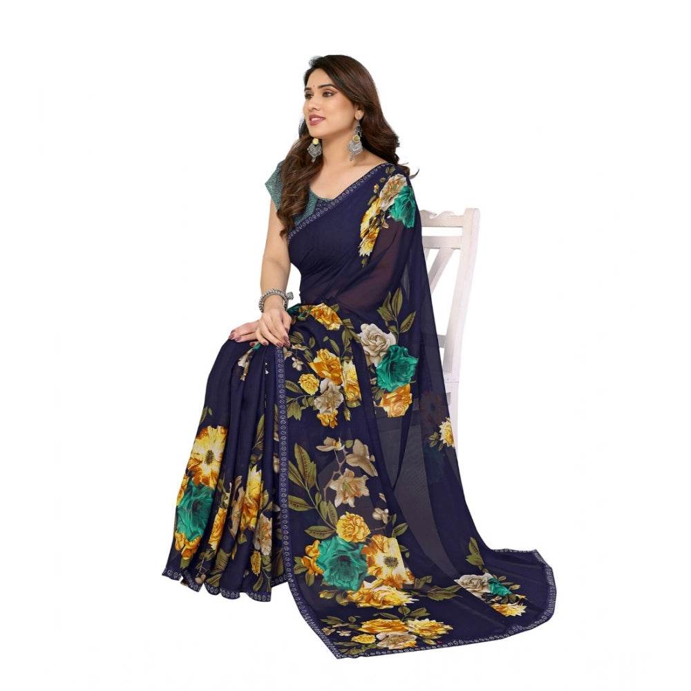 Generic Women's Georgette Printed Saree With Unstitched Blouse 5.5Mtr (Navy Blue) - MYLUXURY LANE ENTERPRISE
