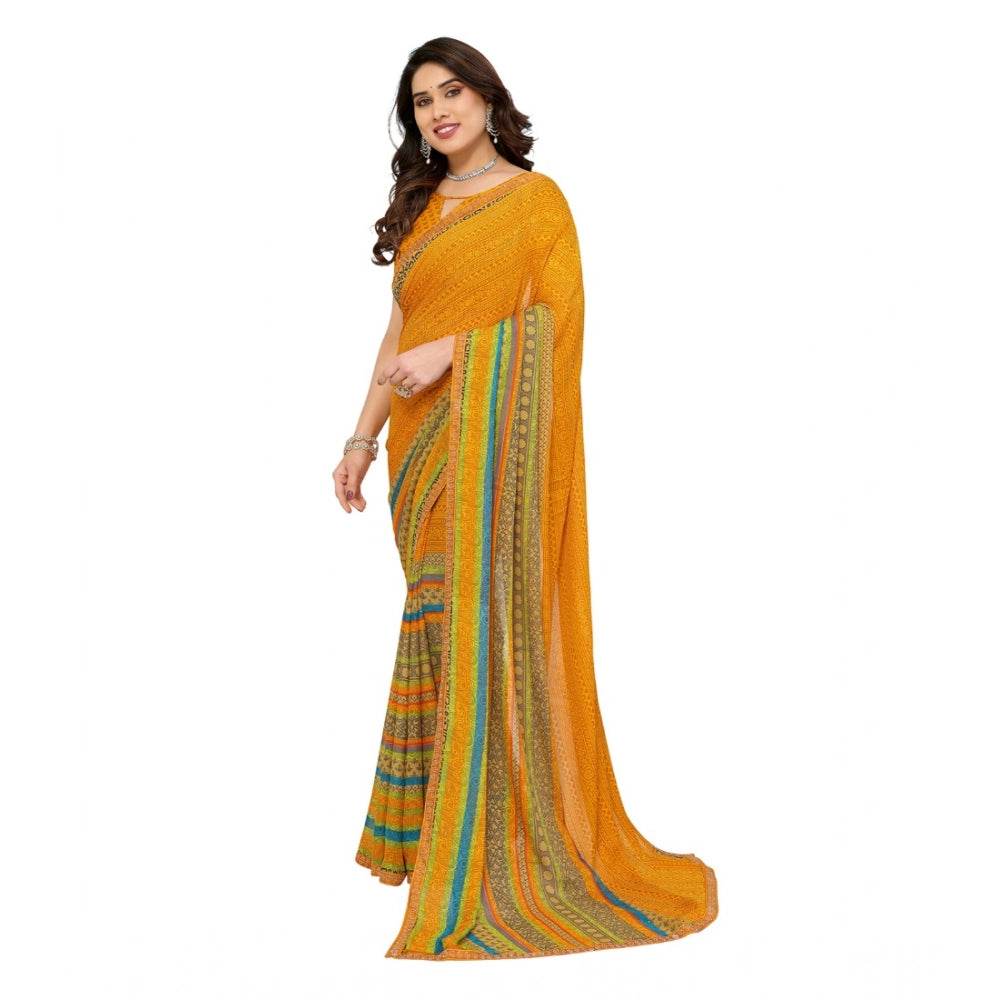 Generic Women's Georgette Printed Saree With Unstitched Blouse 5.5Mtr (Mustard) - MYLUXURY LANE ENTERPRISE
